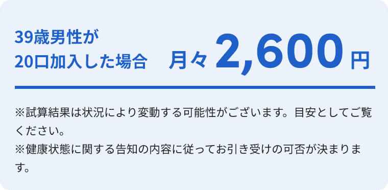 39歳男性が20口加入した場合　月々2,600円